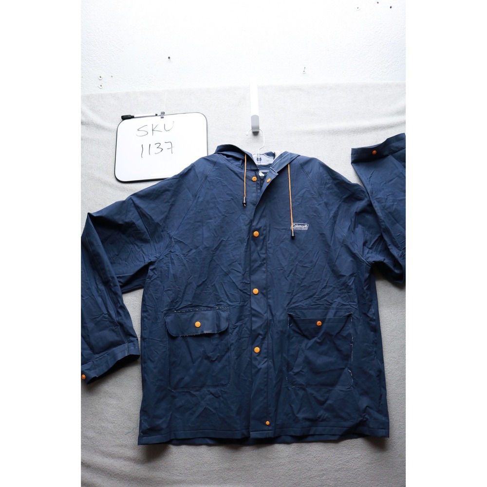 Coleman Rain Jacket Mens M/L Blue Hooded Windbreaker 2000013315 PVC Coat Pocket